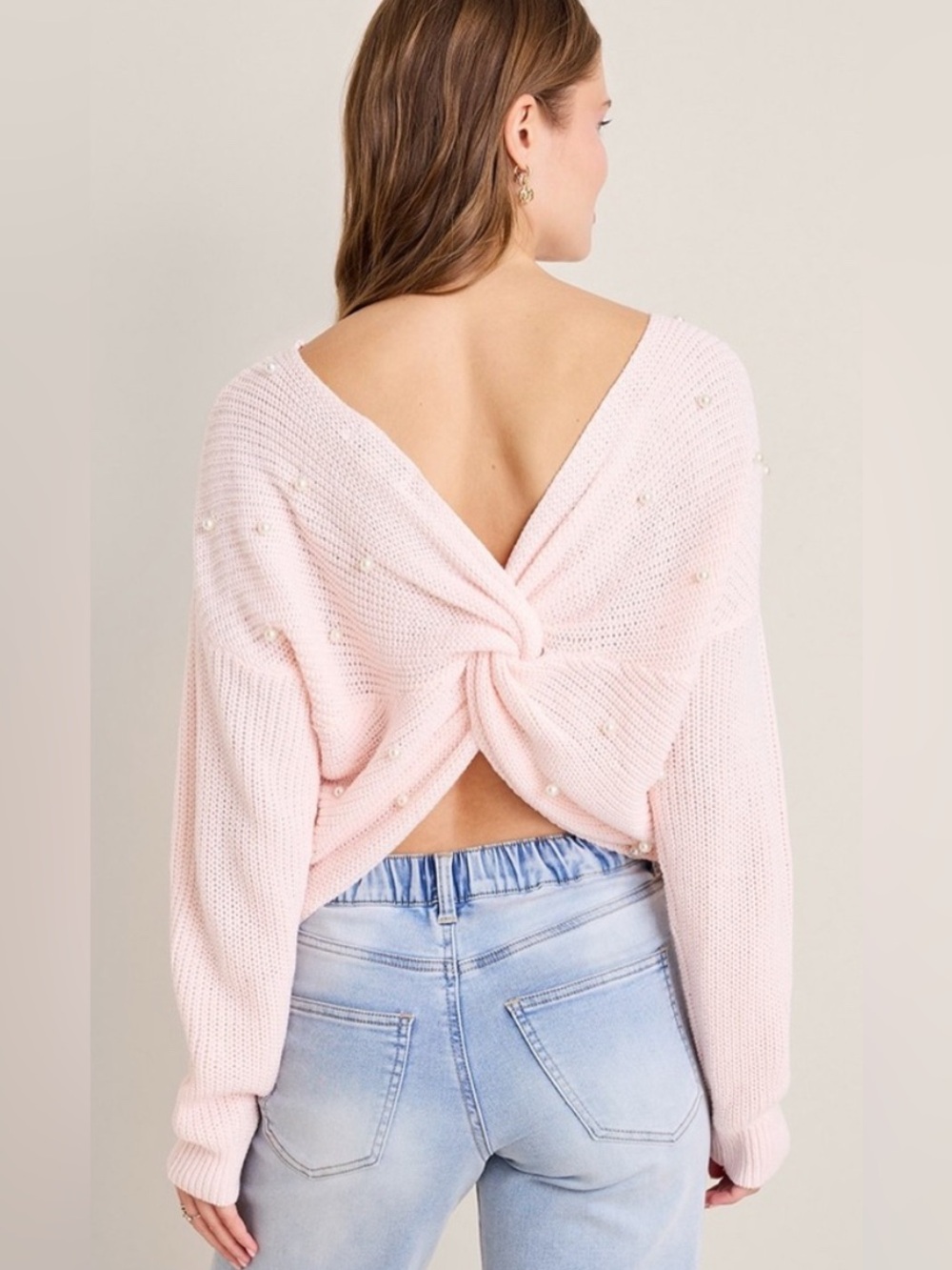 Francesca’s Wendy Knot Back Pearl Embellished Sweater | Women's Pink Sweater